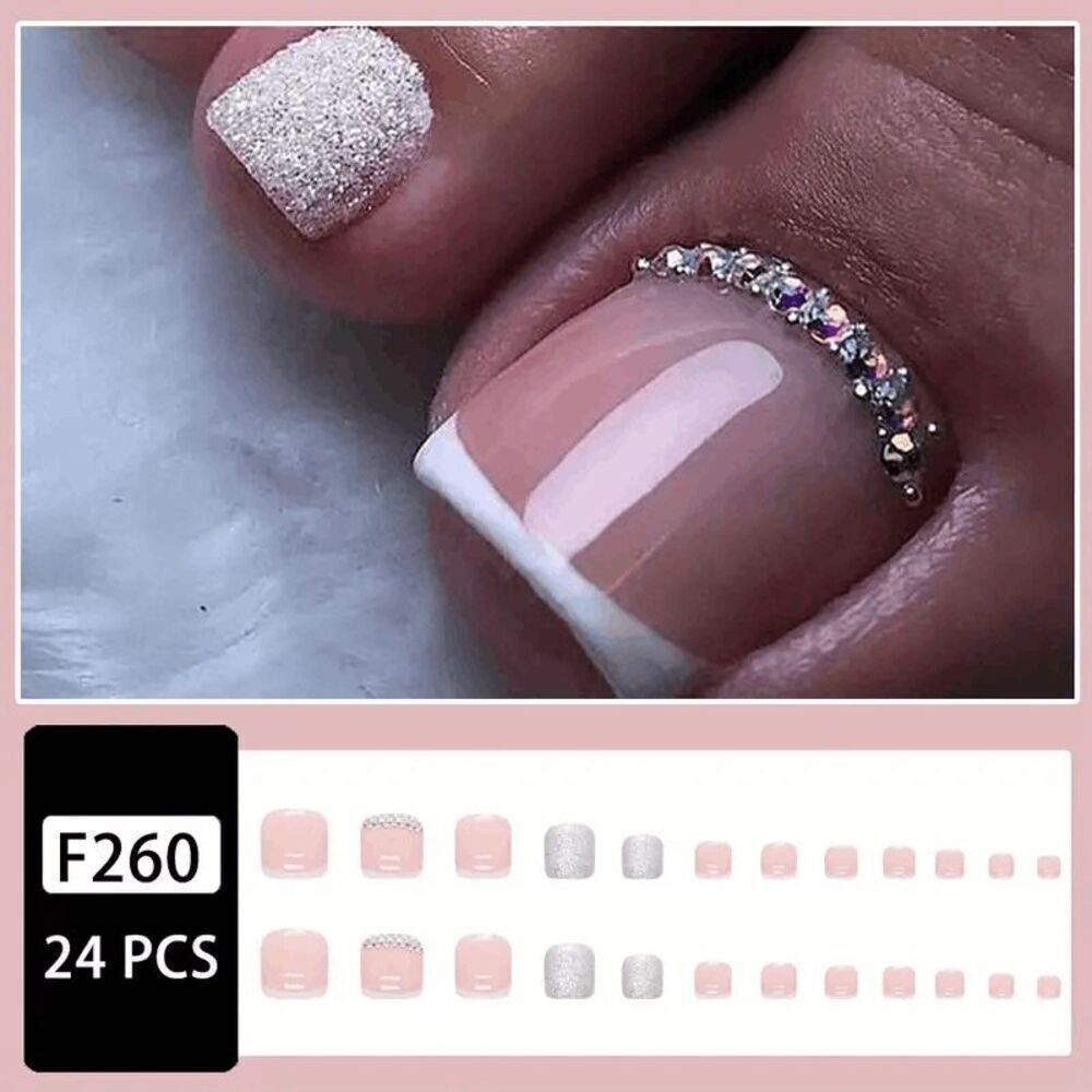 French Manicure Diamond Press On Toenails - Picture 2 of 4